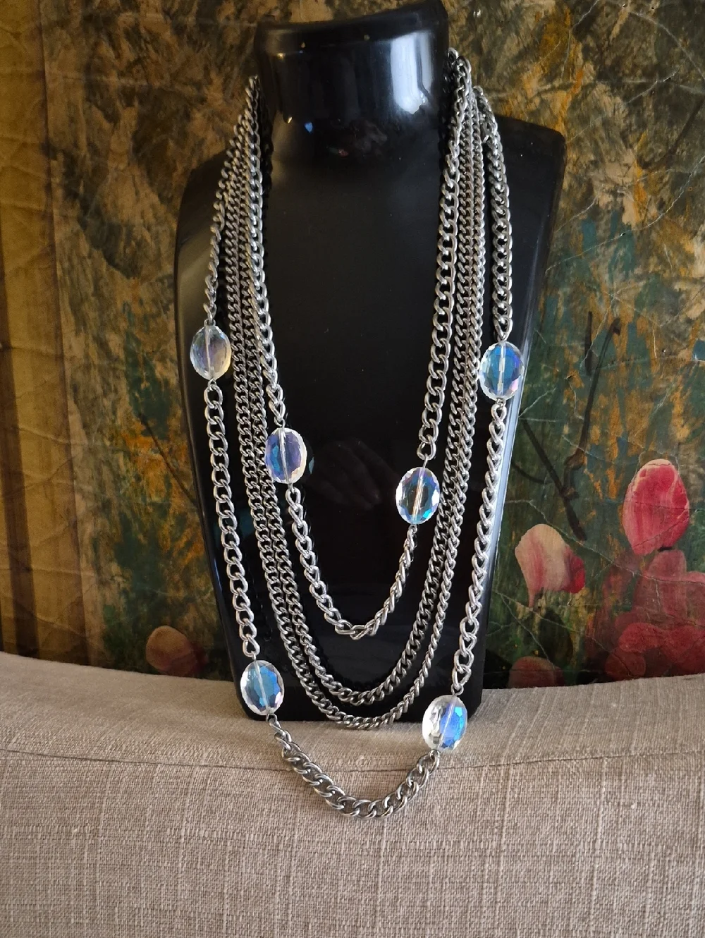 Banana Republic Multi Cuban Silver AB Iridescent crystal Beaded Layered Necklace
